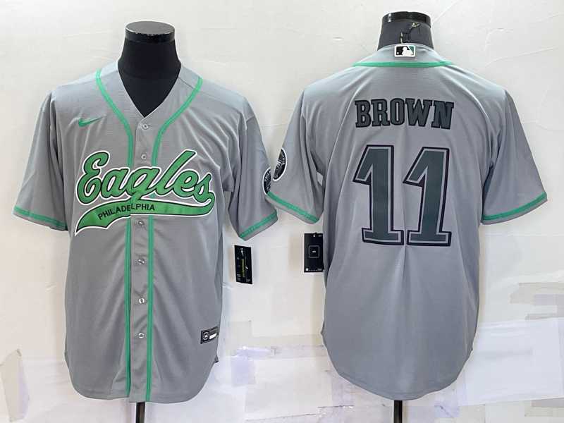 Men's Philadelphia Eagles #11 AJ Brown Grey With Patch Cool Base Stitched Baseball Jersey,We sell and wholesale Men's Philadelphia Eagles #11 AJ Brown Grey With Patch Cool Base Stitched Baseball Jersey on line form chian!